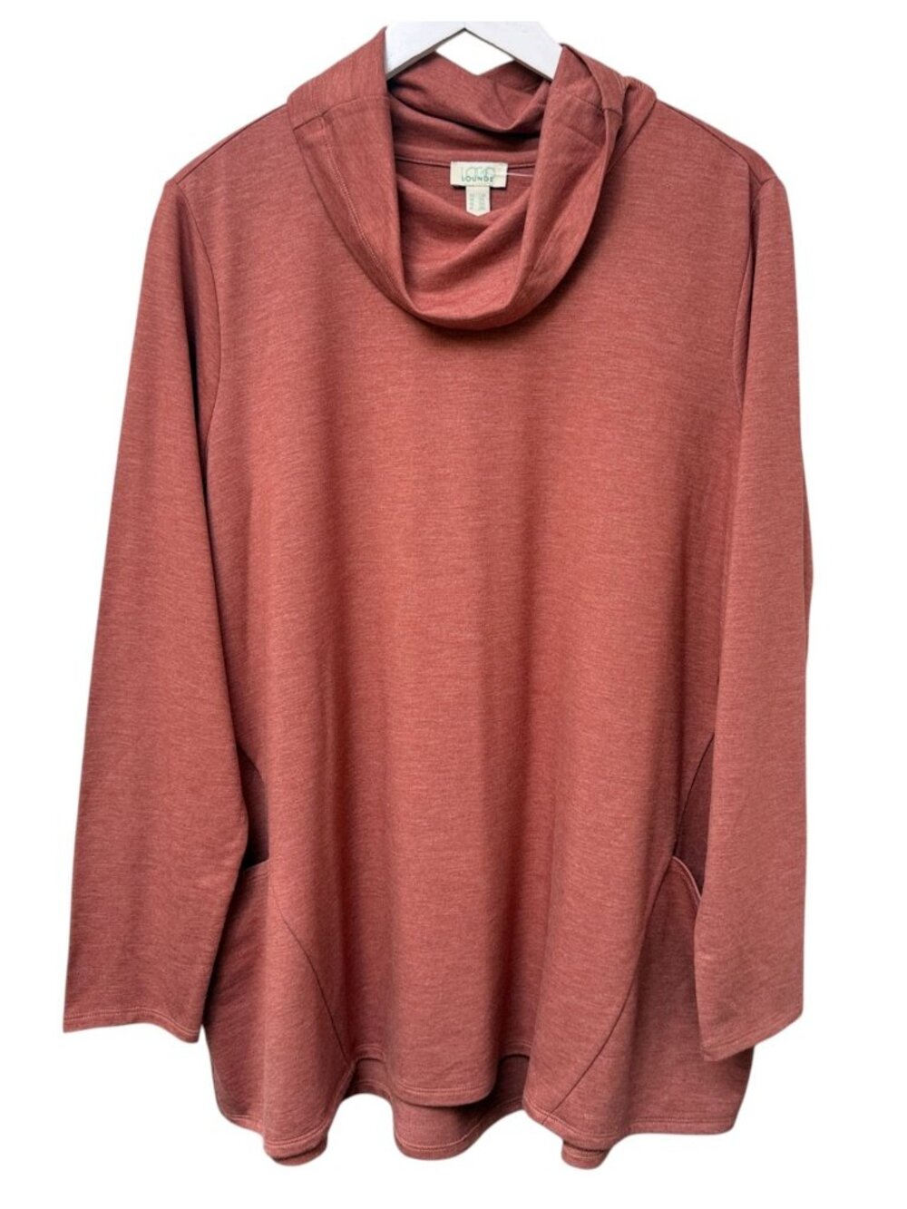 LOGO Lori Goldstein Cowl Neck Top Plus Size 1X Lounge Red French Terry Pockets